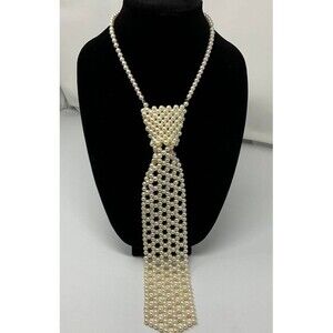 Vintage Faux Pearl Tie Necklace Marked Hong Kong